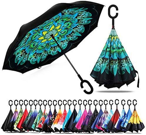 Windproof Double Layer Folding Inverted Umbrella, Self Stand Upside-Down Rain Protection Car Reverse Umbrellas with C-Shaped Handle